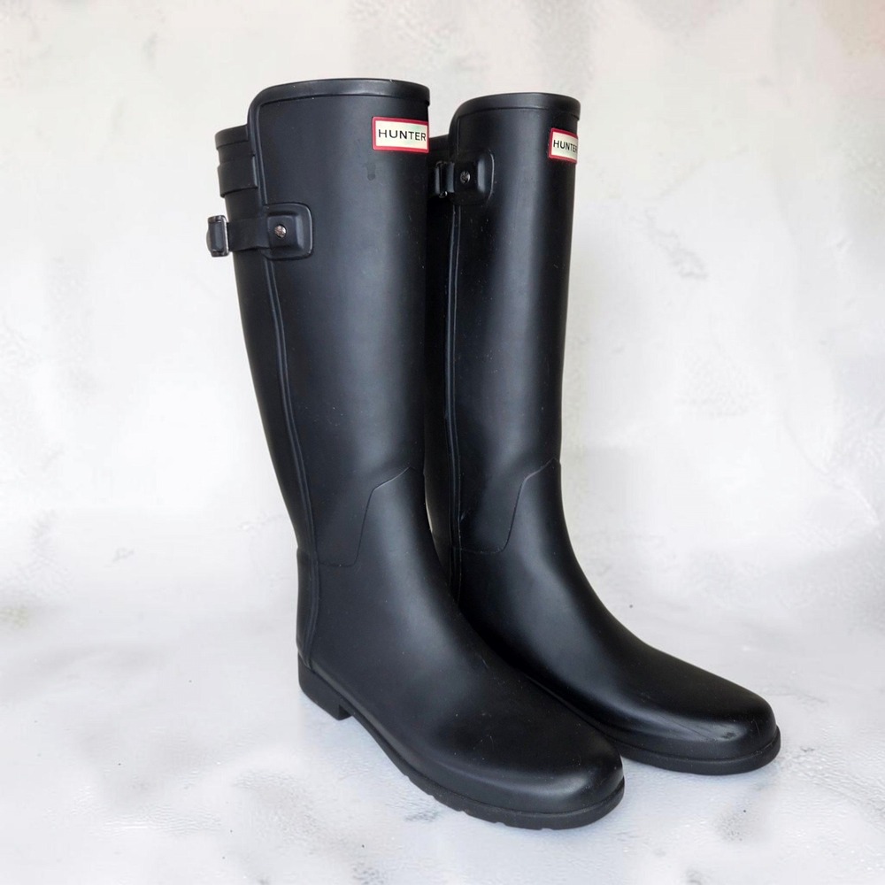 Hunter Refined Back Strap Tall Rain Boots Black Matte Womens 10